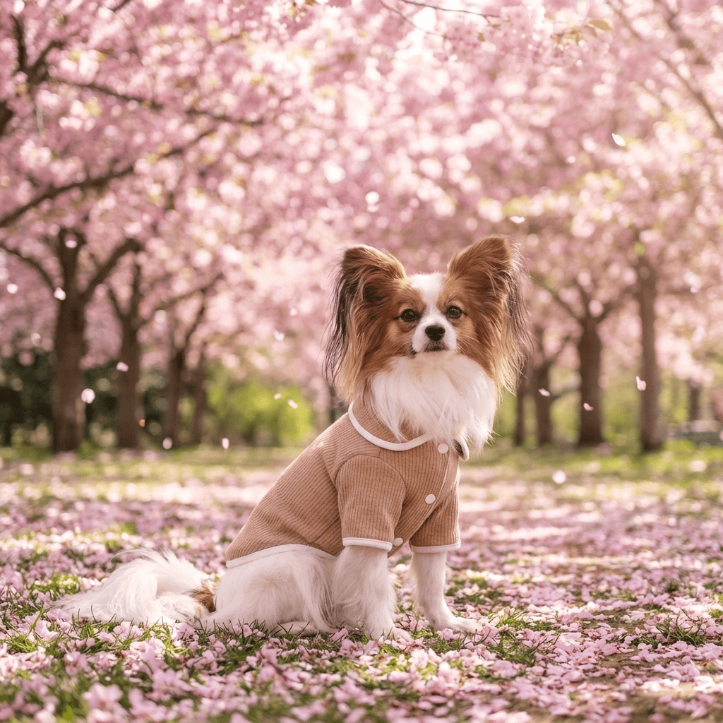 Lapel Collar Knit Dog Sweater on a dog in a cherry blossom setting, featuring breathable fabric and a lightweight feel.
