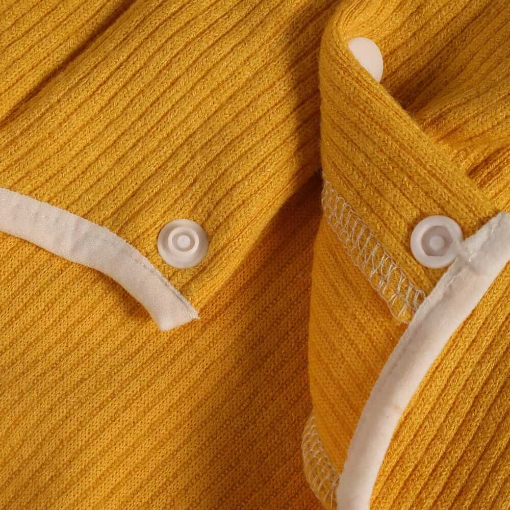 Lapel Collar Knit Dog Sweater close-up, showcasing soft yellow fabric and button details, perfect for dogs & cats.
