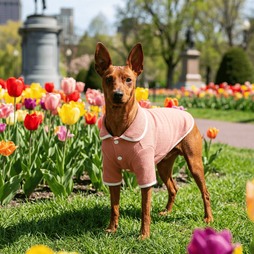 Lapel Collar Knit Dog Sweater on a dog in a garden of colorful tulips, featuring breathable fabric and stylish design.