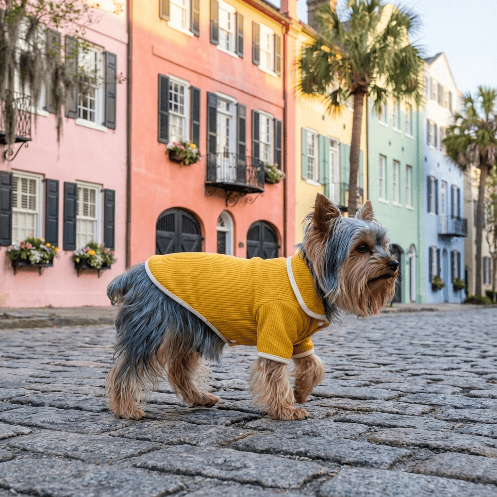 Lapel Collar Knit Dog Sweater on a Yorkshire Terrier in a vibrant street setting, showcasing breathable cotton material and stylish design.
