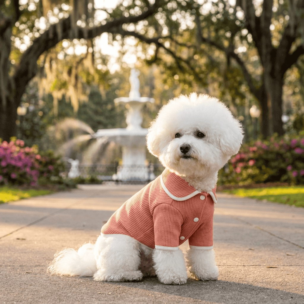 Lapel Collar Knit Dog Sweater on a Bichon Frise in a park garden, featuring buttery soft fabric and a stylish design.