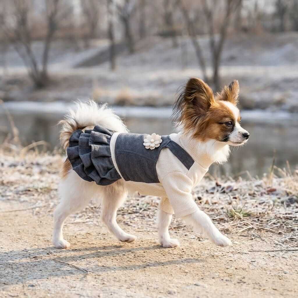 Lapel Flower Ruffle Dog Dress on a small dog, featuring breathable fabric and stylish design by Dogs & Cats.