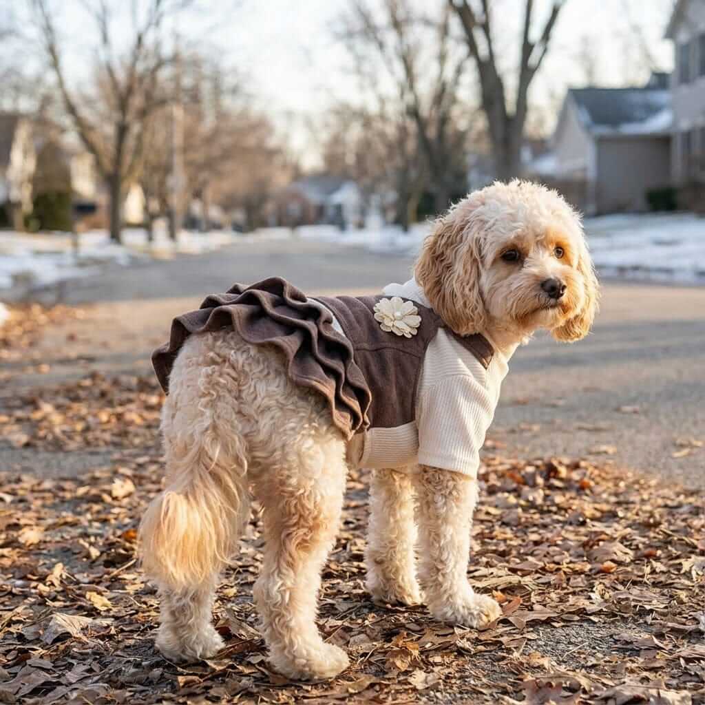 Lapel Flower Ruffle Dog Dress on a fluffy dog, featuring breathable fabric and stylish design for Dogs & Cats.