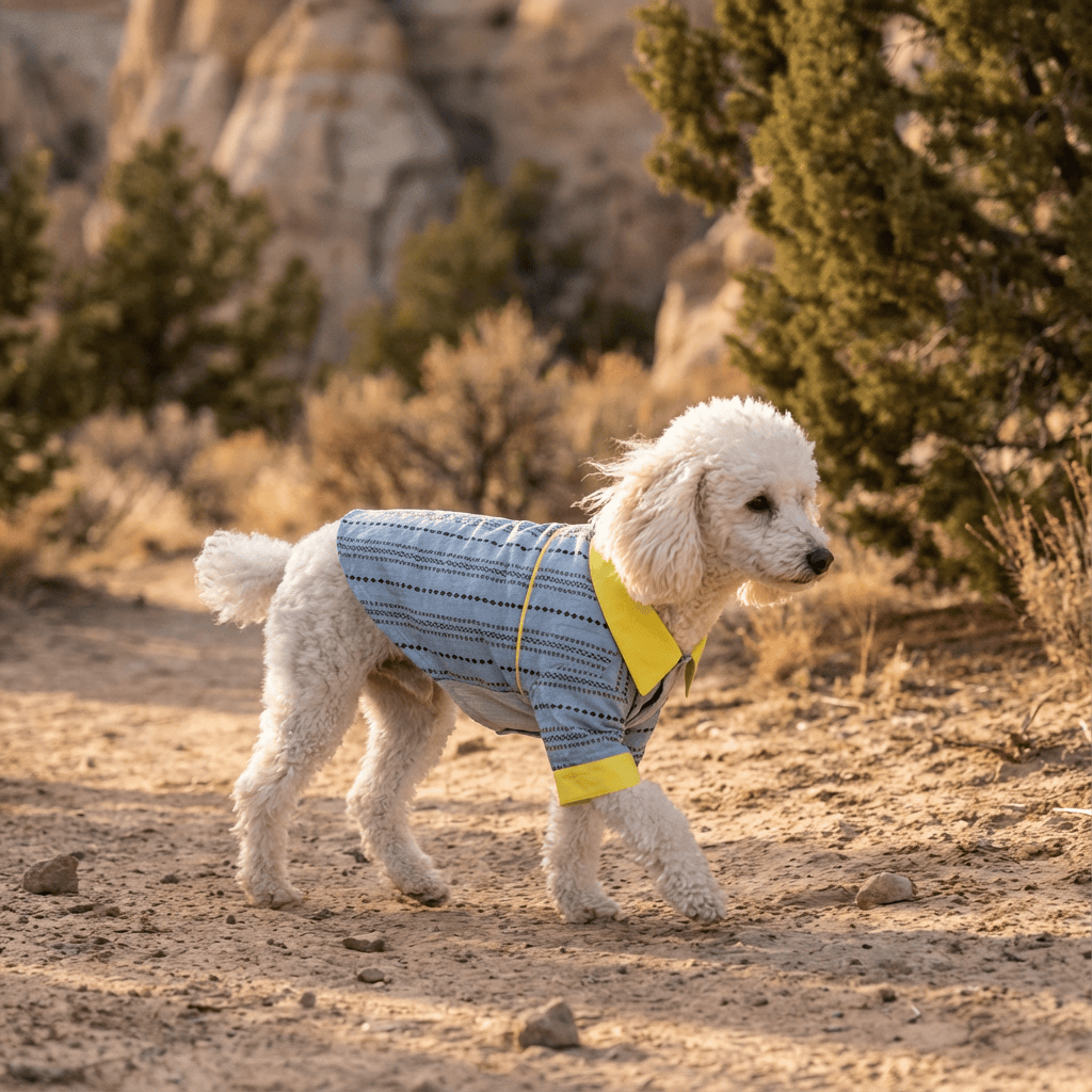 Law Fighting Dog Shirt on a poodle, featuring breathable material, turn-down collar, perfect for dogs and cats.