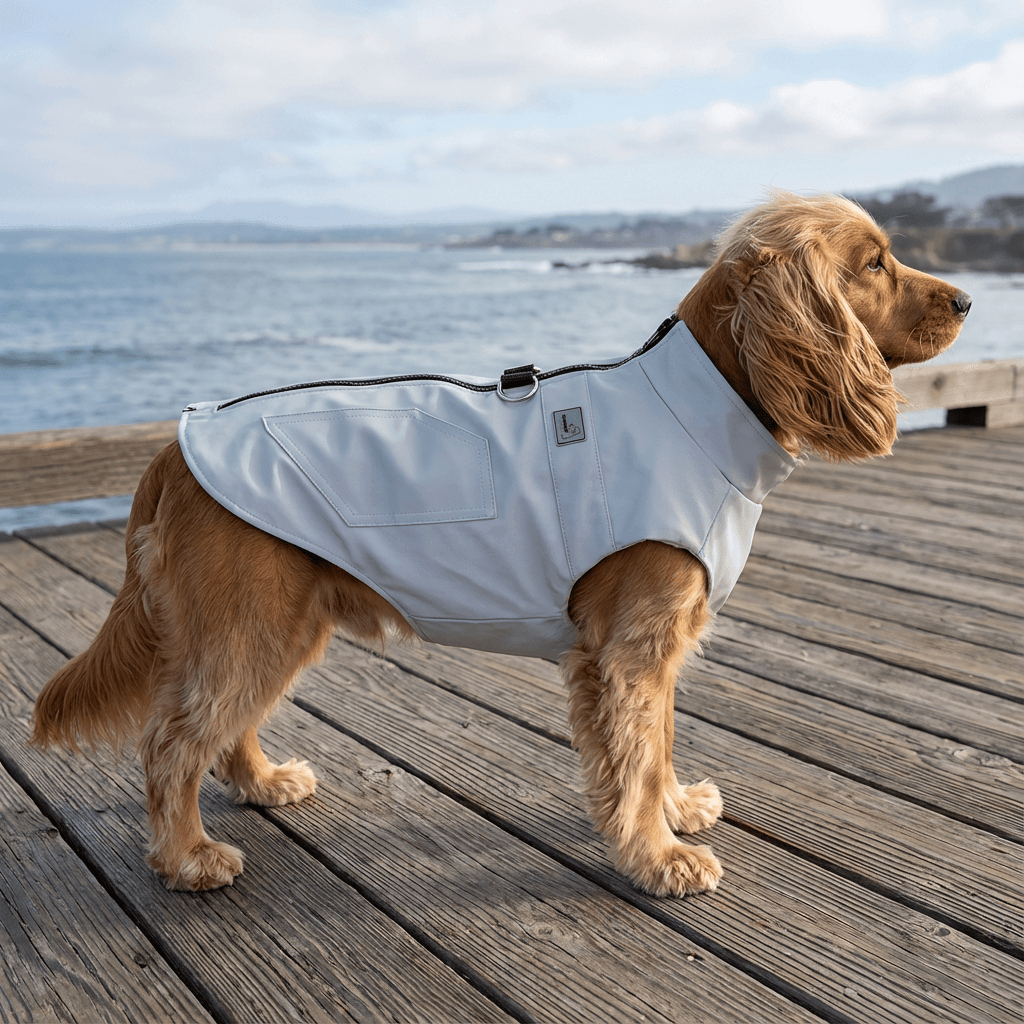 Leather Dog Vest on a Golden Retriever by the water, showcasing stylish design, water-resistant features, Dogs & Cats brand.