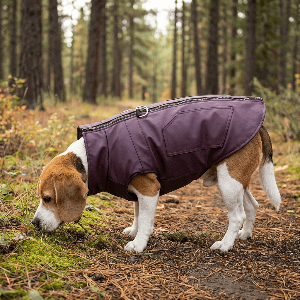 Beagle wearing a Leather Dog Vest in a forest, showcasing water-resistant shell and lightweight design by Dogs & Cats.
