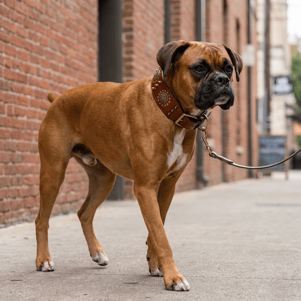 Leather Stud Dog Collar on a Boxer dog, featuring adjustable design, soft material for comfort. Perfect for Dogs & Cats.