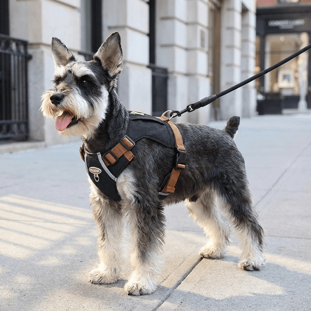 Lightweight Dog Travel Harness on a Schnauzer in urban setting, featuring a zipper pocket and hand drawstring for easy control.