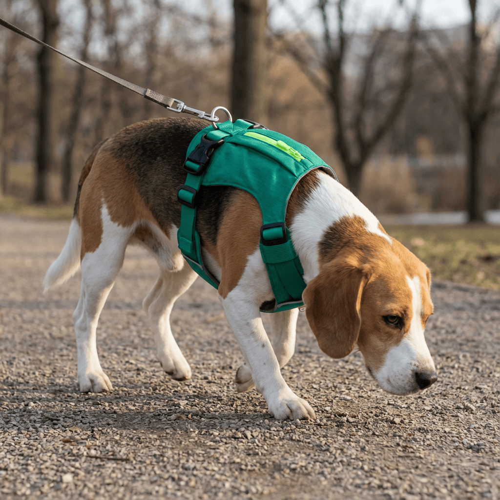 Lightweight Dog Travel Harness on a Beagle, featuring a zipper pocket for essentials and comfortable fit.