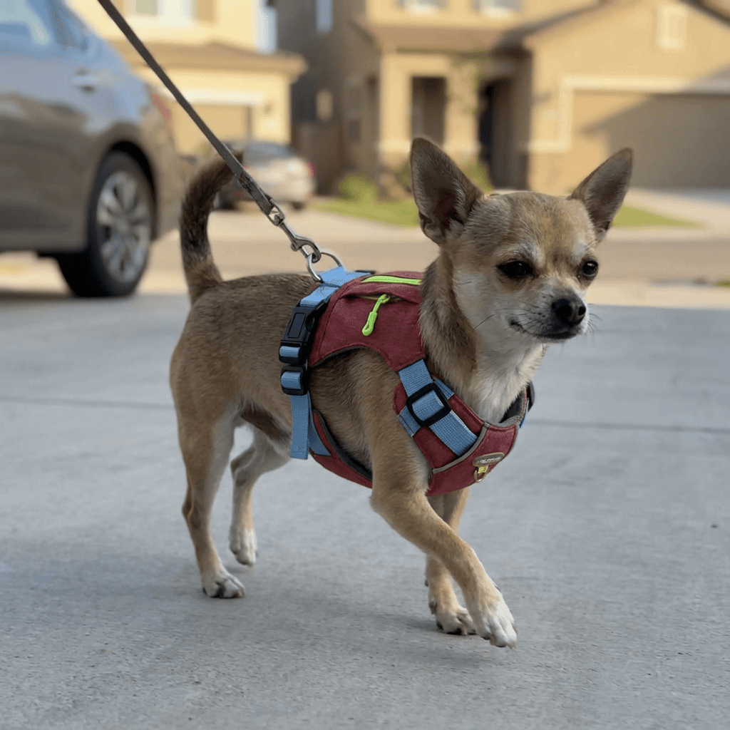 Lightweight Dog Travel Harness on a Chihuahua, featuring a convenient zipper pocket and hand drawstring for control.