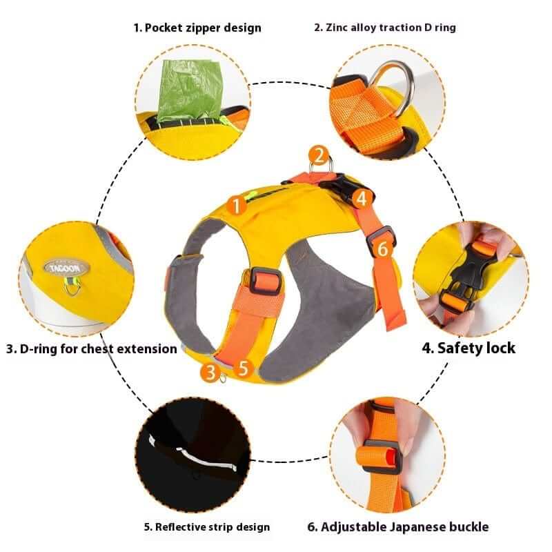 Lightweight Dog Travel Harness features pocket zipper design, zinc alloy D ring, adjustable buckle, and safety lock for secure travel.