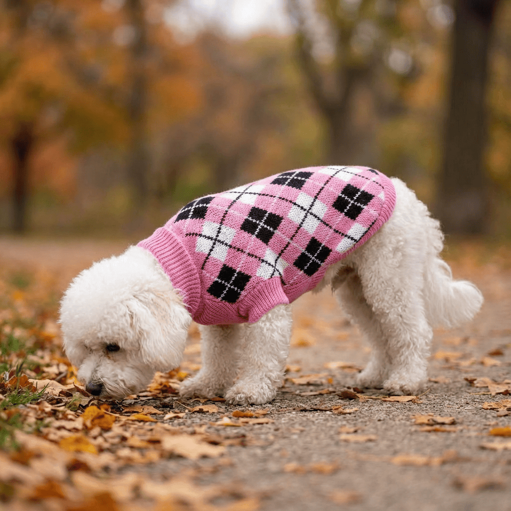 Dog wearing London Checkered Knitted Sweater, featuring pullover design and breathable knitted style for pets.