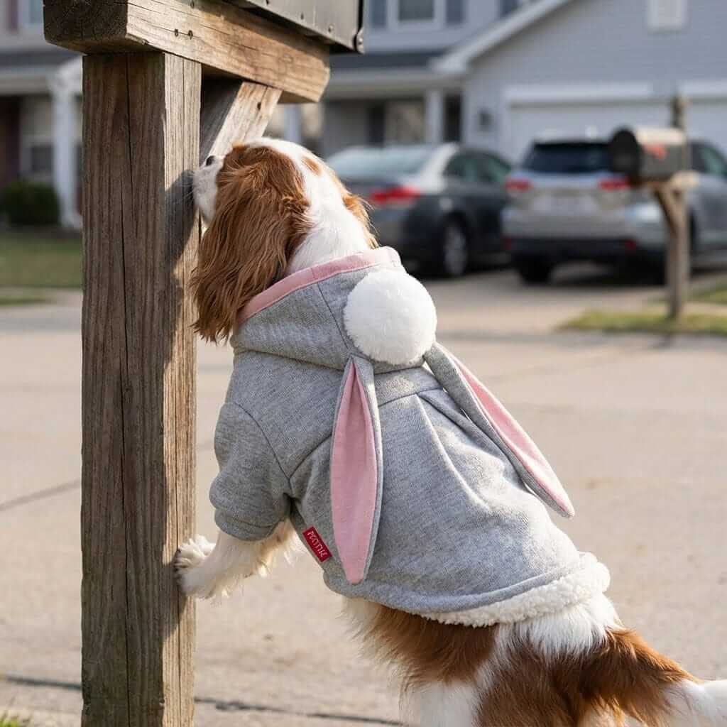 Long Ear Rabbit Dog Sweater on dog with rabbit ears, features breathable fabric, by Dogs & Cats brand.