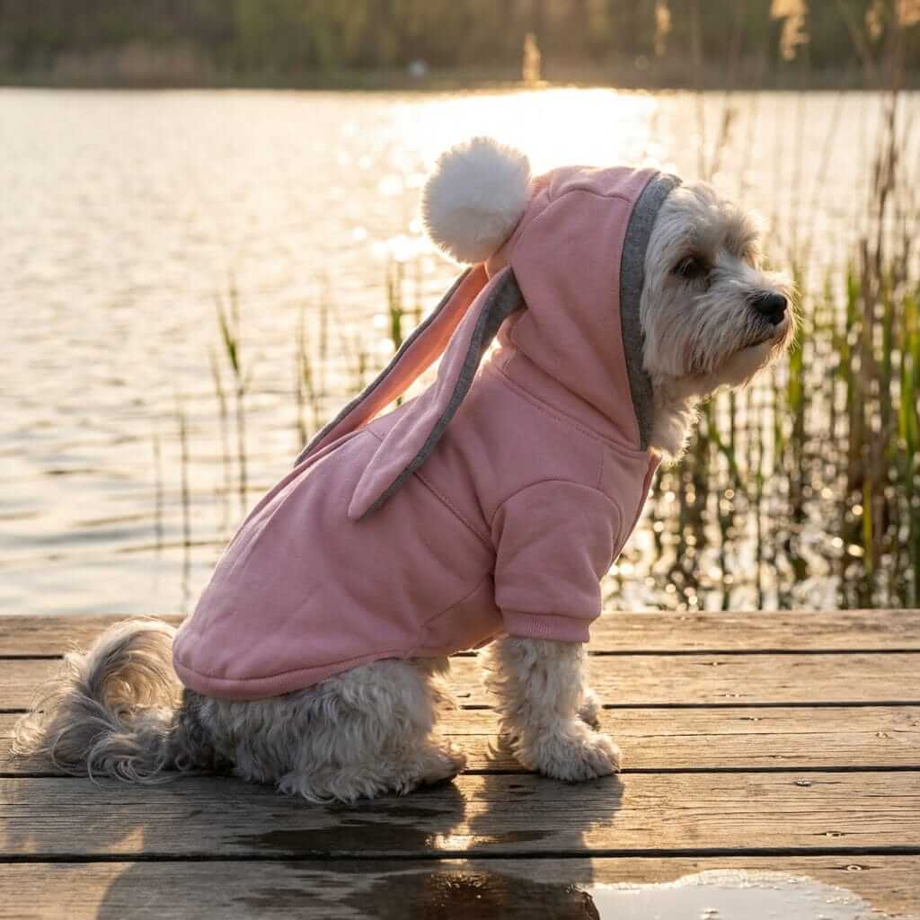 Long Ear Rabbit Dog Sweater on a small dog by the lake, featuring bunny ears and pompom, by Dogs & Cats.