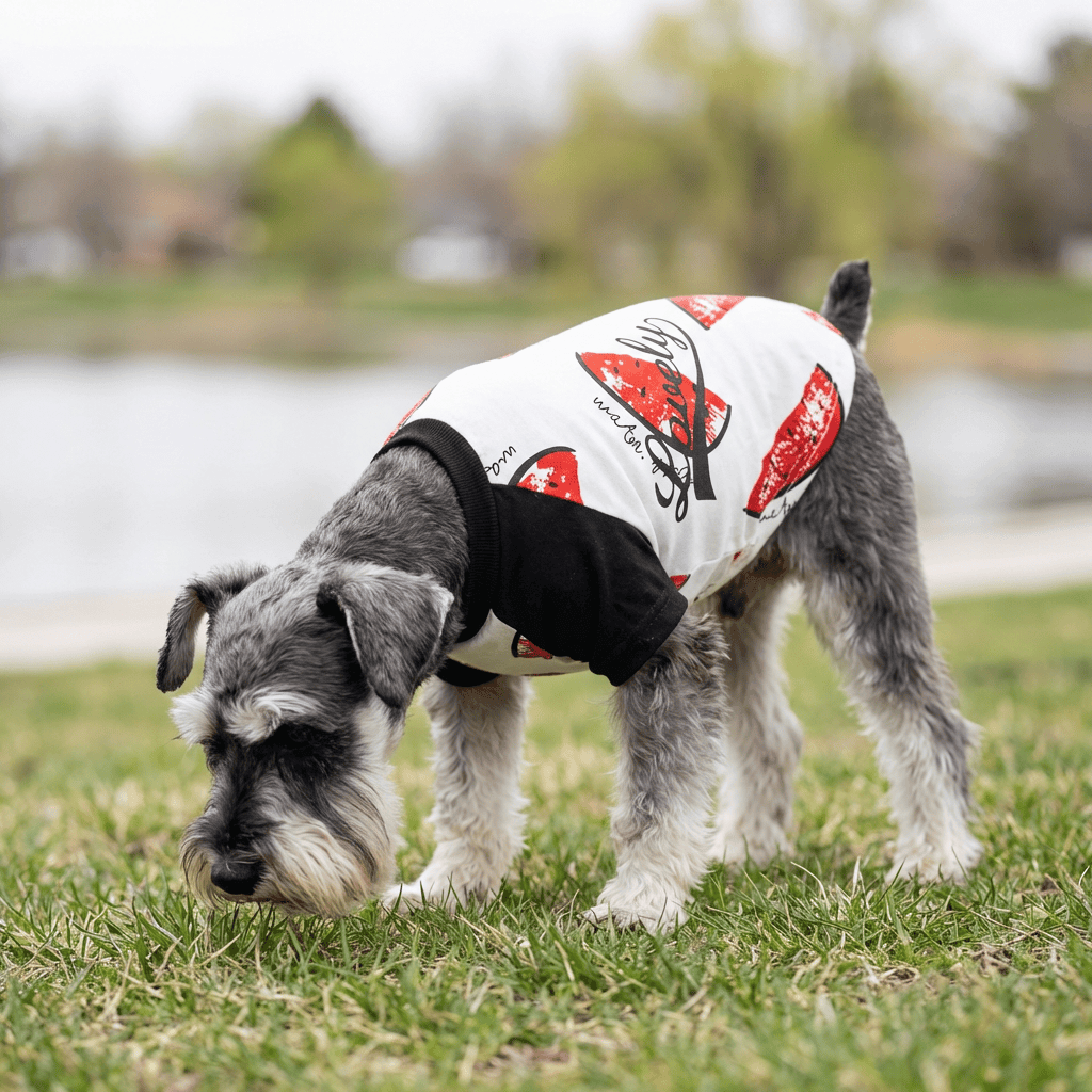 Lovely Watermelon Dog T-shirt on a Schnauzer enjoying outdoor scenery, featuring breathable cotton and fun watermelon print.