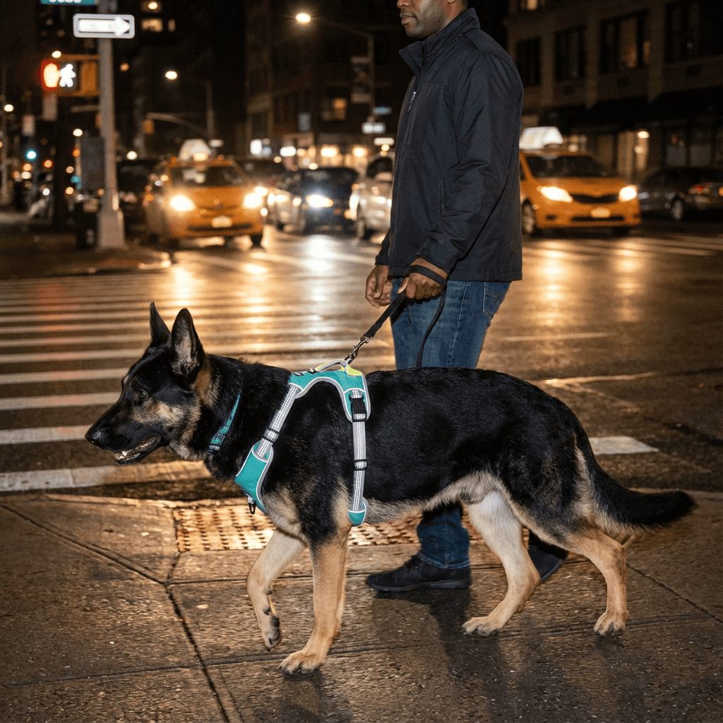 LumiGuard Reflective Dog Harness on a German Shepherd walking at night for safety and visibility during outdoor adventures.