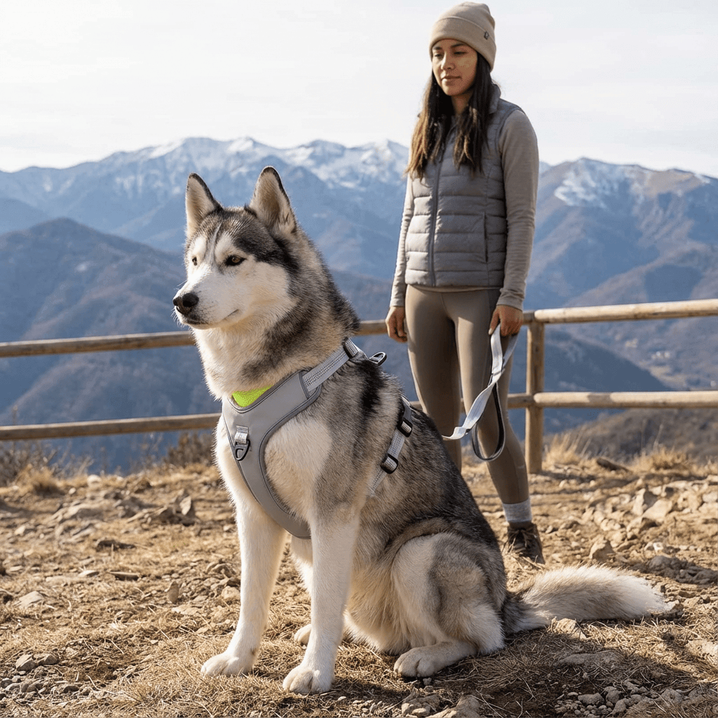 LumiGuard Reflective Dog Harness on a husky, showcasing safety features for dogs and cats in outdoor adventures.