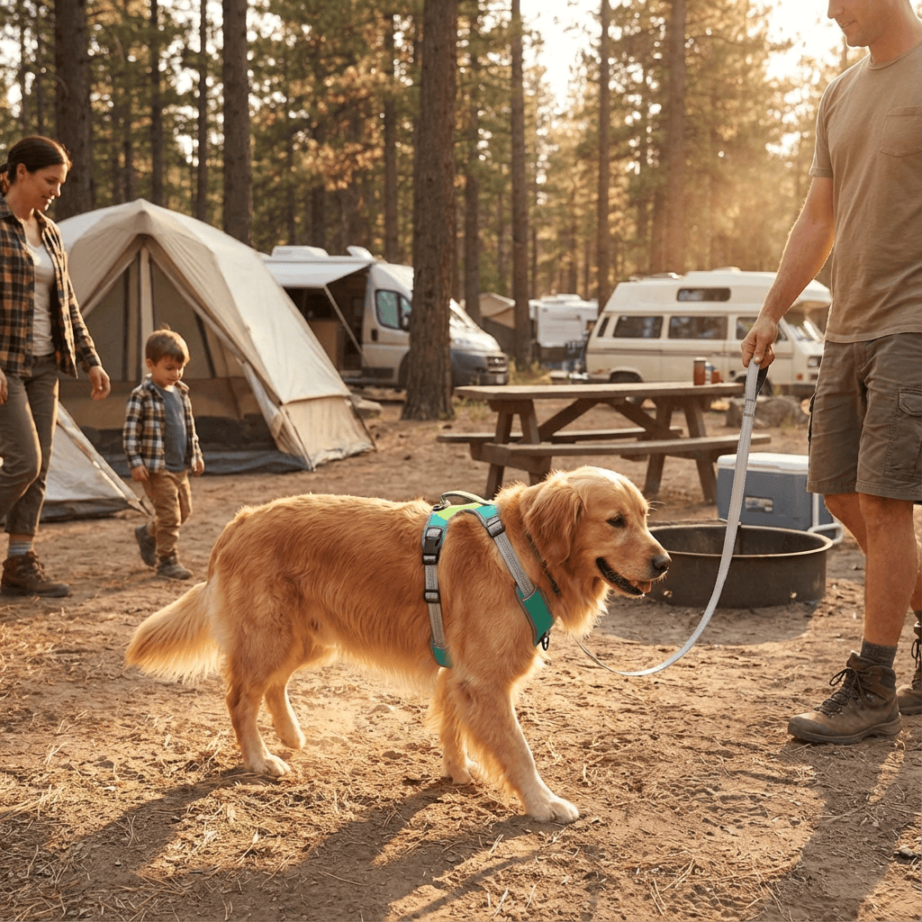 Golden retriever wearing a LumiGuard Reflective Dog Harness in a campsite with family; ideal for safety and visibility.
