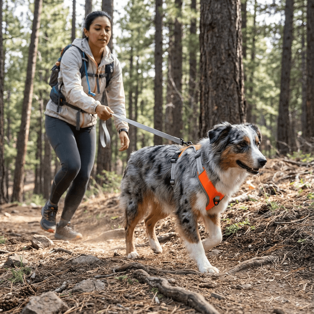 LumiGuard Reflective Dog Harness used on a dog during an outdoor walk in the woods for safety and visibility.