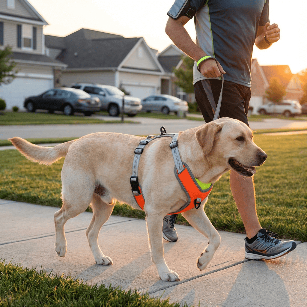LumiGuard Reflective Dog Harness on a Labrador during a walk, ensuring safety and visibility for outdoor adventures.