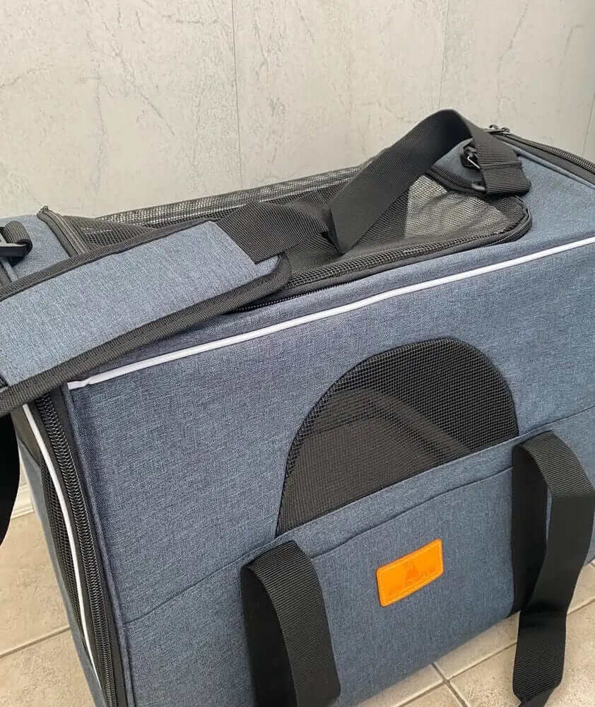 Luxe Voyager Pet Carrier close-up, features premium materials and mesh for dogs & cats, stylish pet travel accessory.