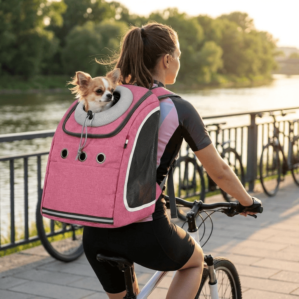 LuxeFold Pet Carrier Bag for Dogs & Cats, foldable backpack with breathable material, perfect for travel.