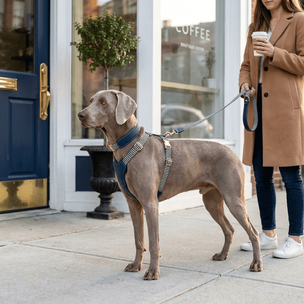 LuxPaw Knitted Leather Harness on a stylish dog outside a boutique coffee shop, showcasing luxury and elegance.