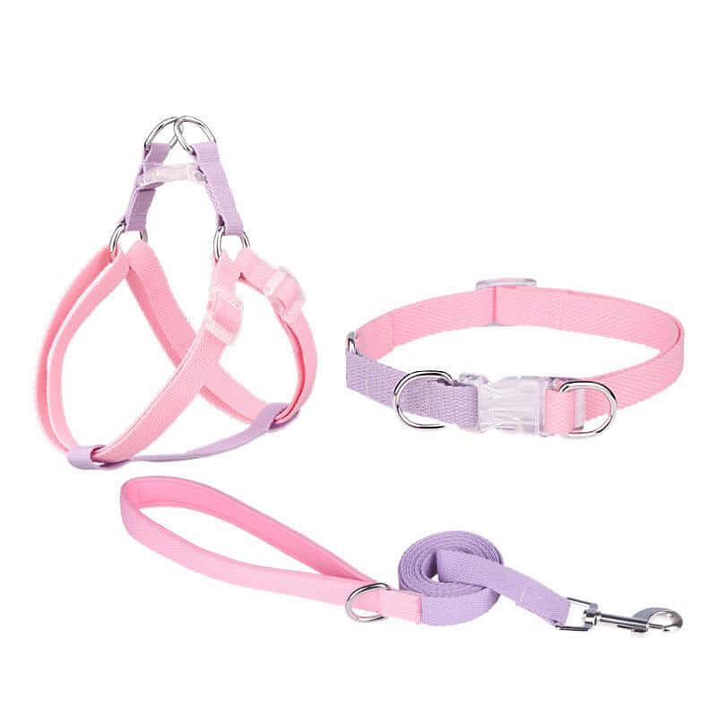 LuxStride 3-Piece Dog Set featuring pink and purple harness, collar, and leash for stylish dogs and cats.