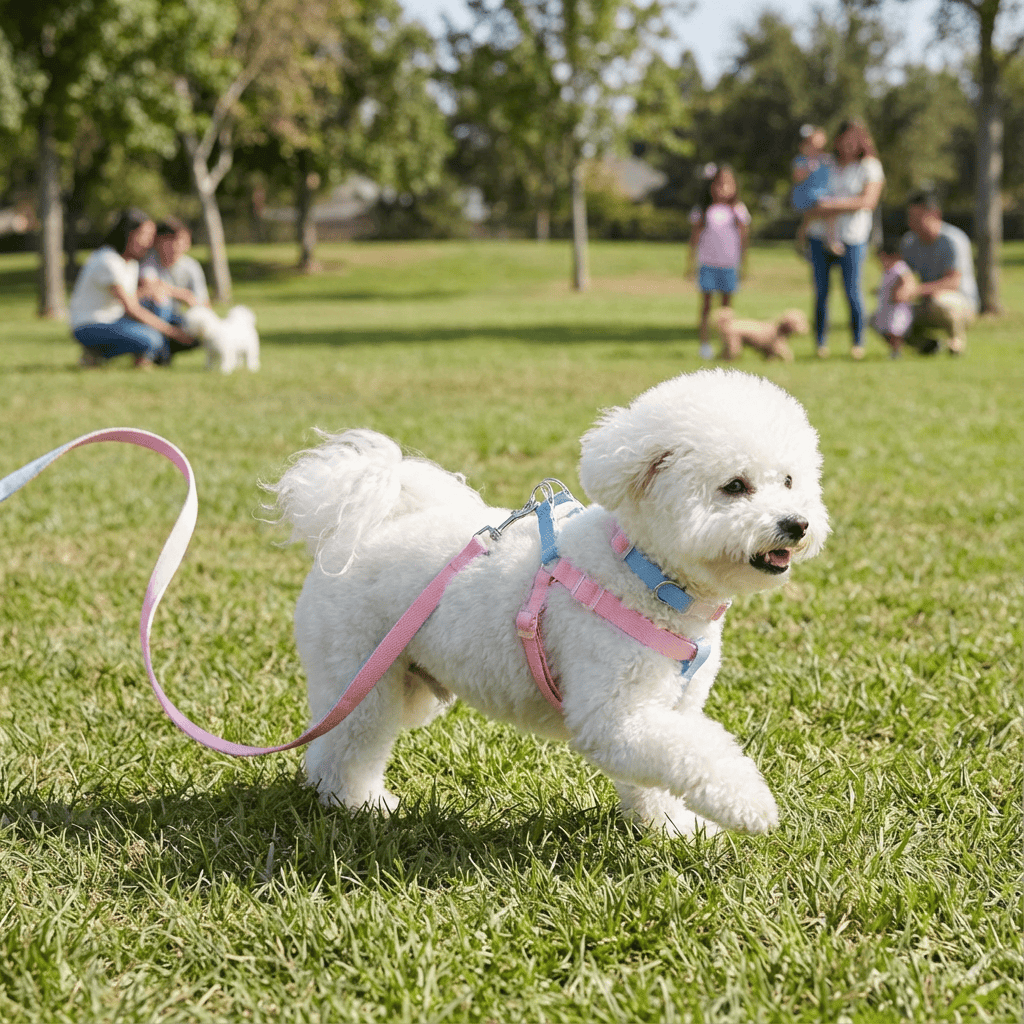 Dog wearing LuxStride 3-Piece Dog Set harness and leash, playing outdoors in a park.