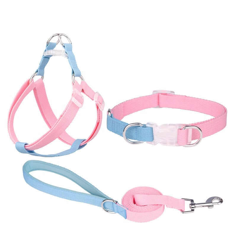 LuxStride 3-Piece Dog Set featuring a harness, collar, and leash in pink and blue colors for fashionable dogs.