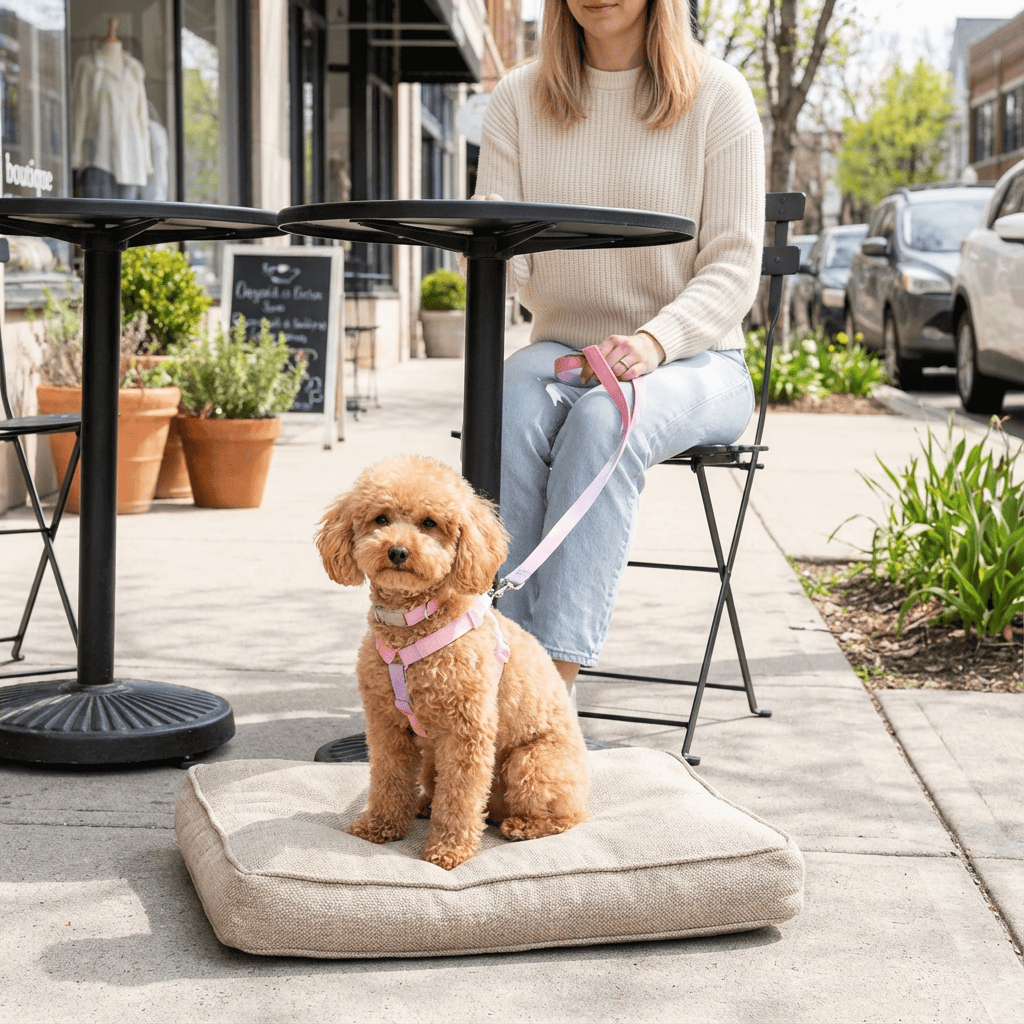 LuxStride 3-Piece Dog Set shown on a stylish dog in a harness relaxing on a cushion while owner sits nearby.
