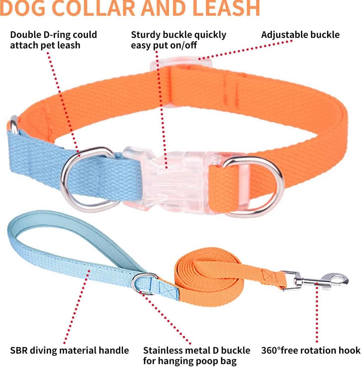 LuxStride 3-Piece Dog Set featuring a vibrant collar and leash with adjustable buckle and double D-ring.
