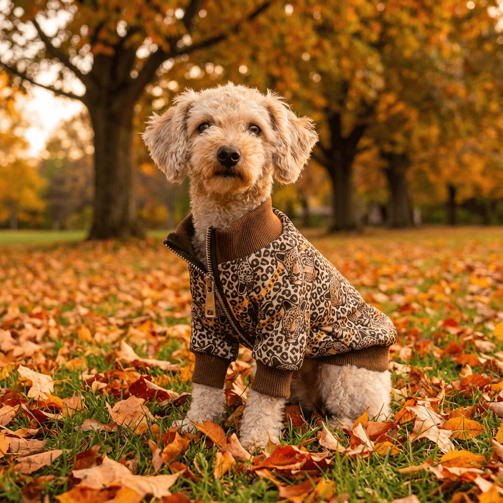 Luxurious Leopard Dog Sweater on a stylish dog in autumn foliage, showcasing comfort and elegance for Dogs & Cats.