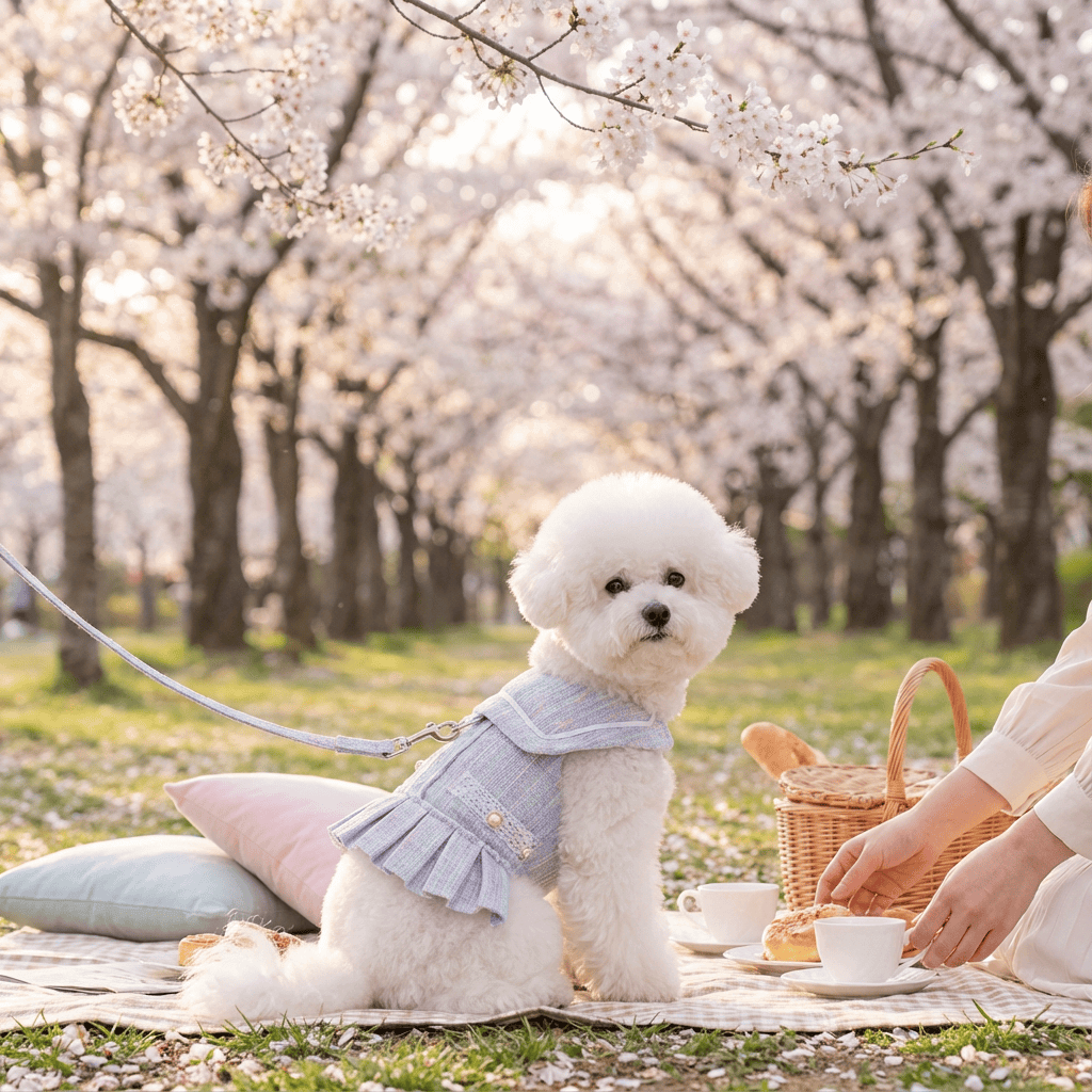 Luxury Designer Dog Dress on a Bichon Frise in a cherry blossom park, perfect for small breeds like Chihuahuas and French Bulldogs.
