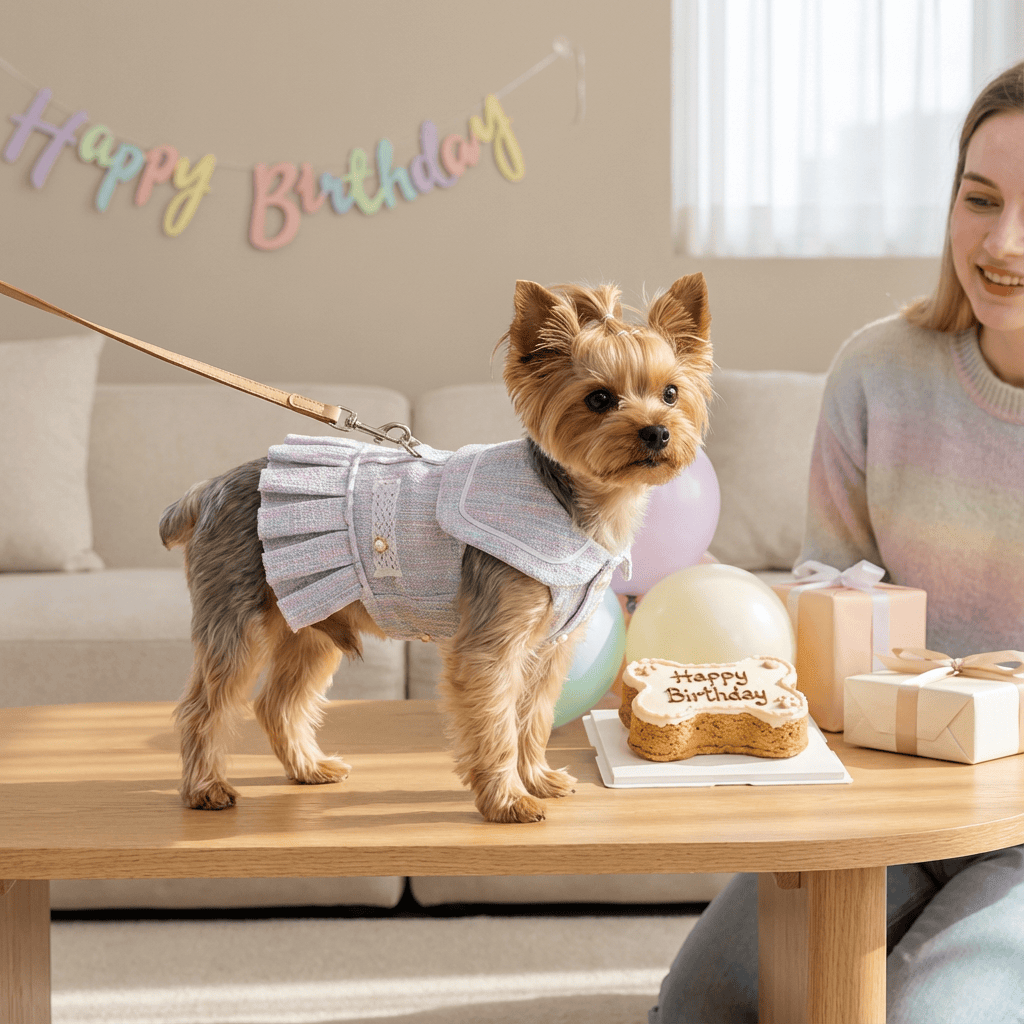 Luxury Designer Dog Dress on a stylish Yorkie at a birthday celebration, showcasing comfort and high-end style.