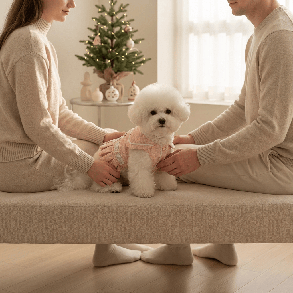 Luxury Designer Dog Dress on a fluffy Bichon Frise, styled for comfort and elegance, perfect for small breeds.