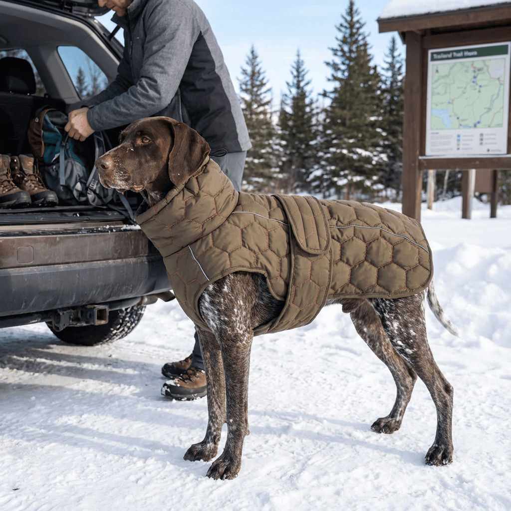 Luxury Greyhound Winter Dog Coat on a stylish dog in a snowy outdoor setting with a person in the background.