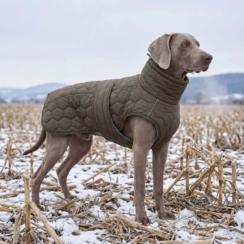 Luxury Greyhound Winter Dog Coat on a stylish dog in a snowy field, perfect for warmth and comfort outdoors.