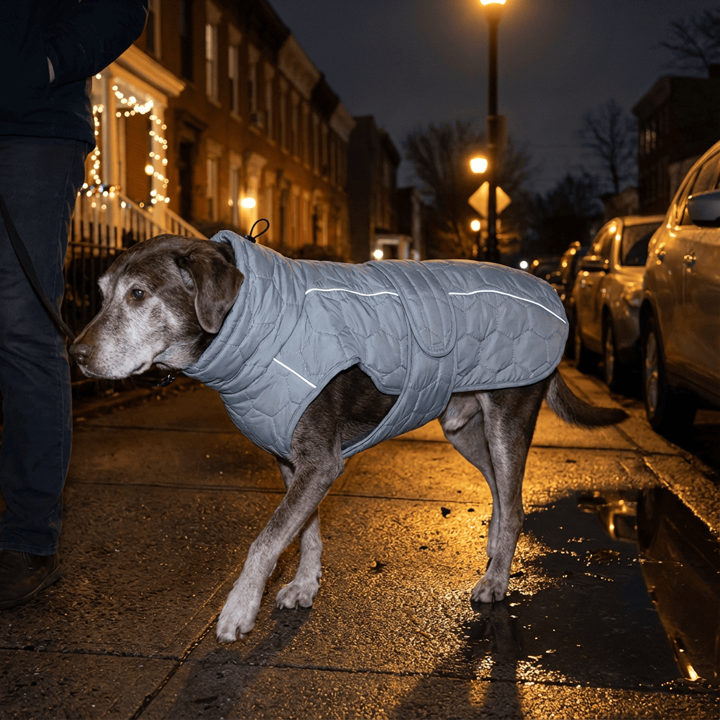 Luxury Greyhound Winter Dog Coat on a dog walking at night, showcasing warmth and stylish design from Dogs & Cats.