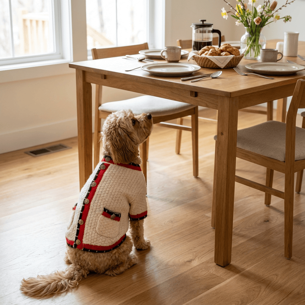Luxury Knit Dog Cardigan on a dog sitting by a dining table, showcasing elegance and comfort for dogs.