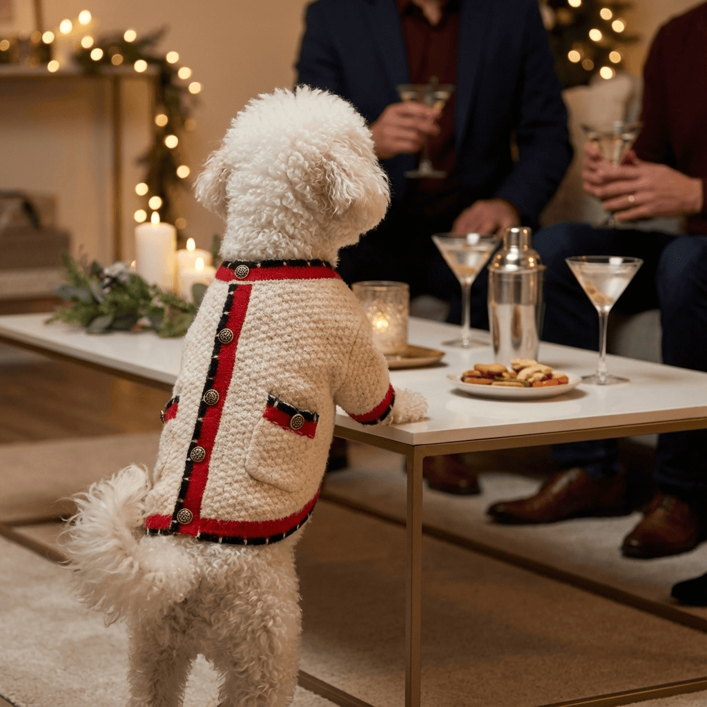 Dog wearing a Luxury Knit Dog Cardigan with buttons, stylish and cozy, perfect for dogs by Dogs & Cats brand.