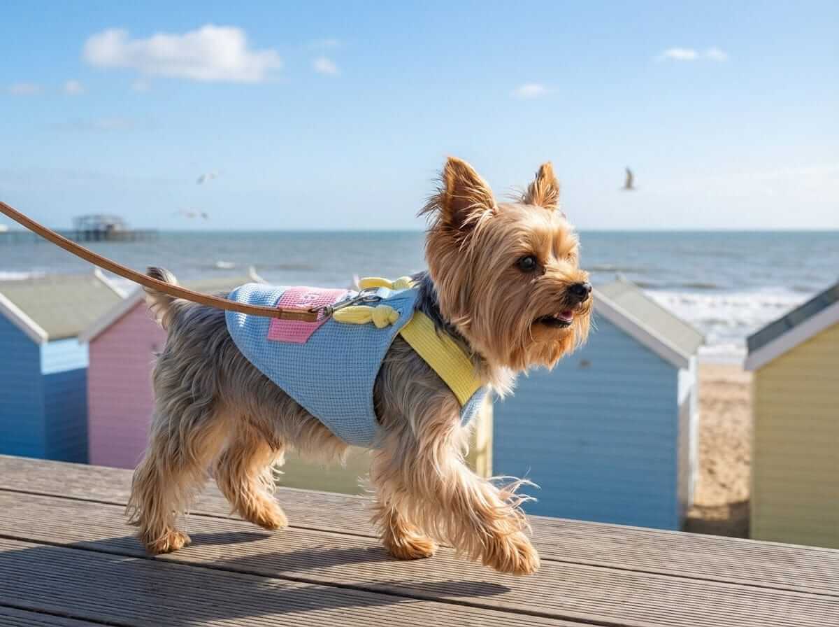 Macaron Sling Dogs and Cats Outfit on a small dog enjoying a walk by the beach, featuring a cute macaron pocket.