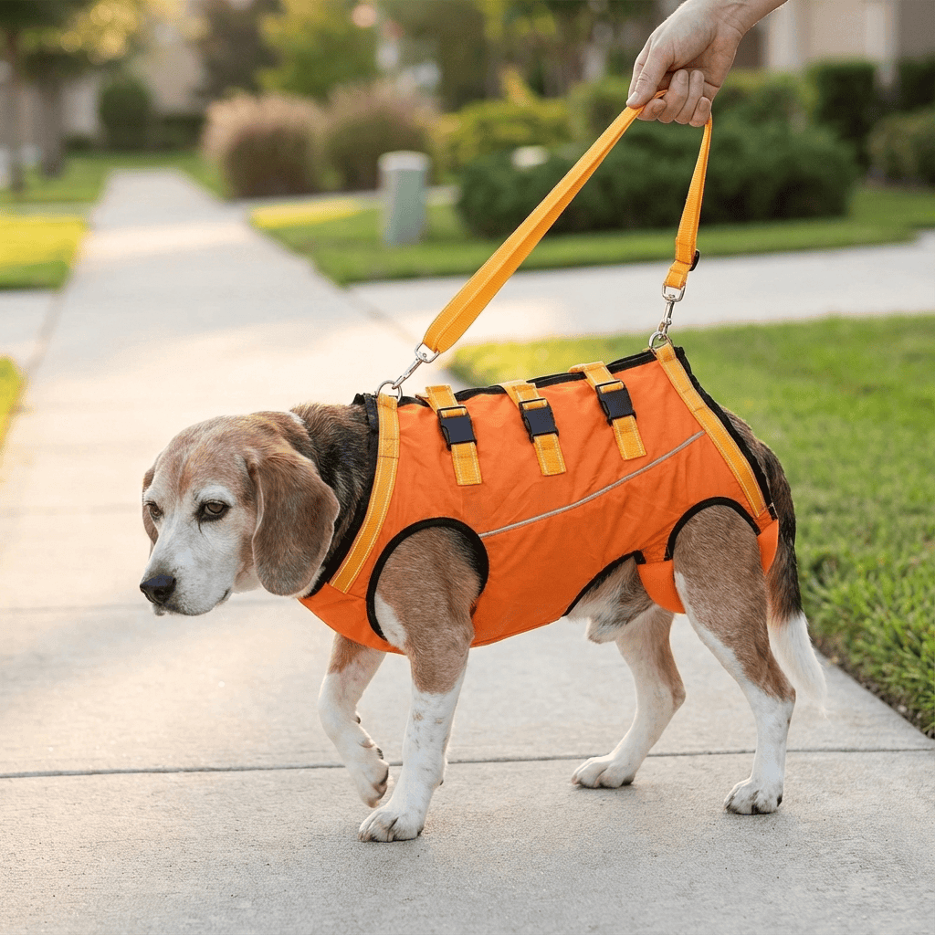 MobilityLift Dog Support Harness on a dog, providing support for mobility challenges, ideal for older pets and recovery.