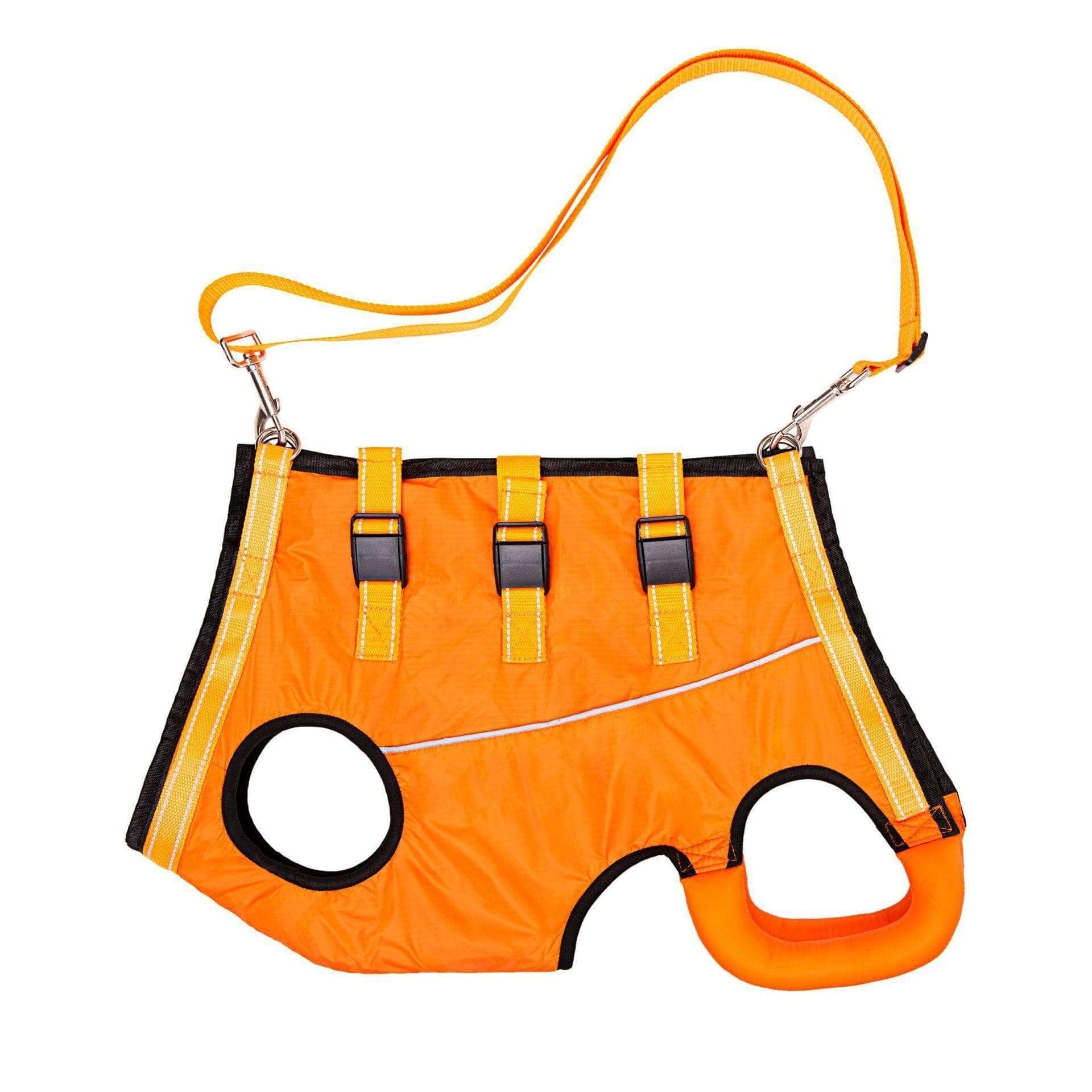 MobilityLift Dog Support Harness in bright orange, featuring durable straps for reliable dog mobility support.