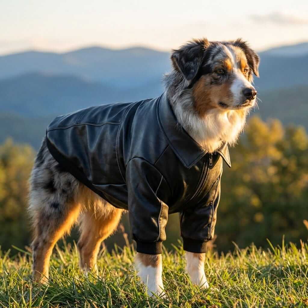 Monarch Leather Dog Jacket on a stylish dog, features premium faux leather and wind resistance, brand Dogs & Cats.