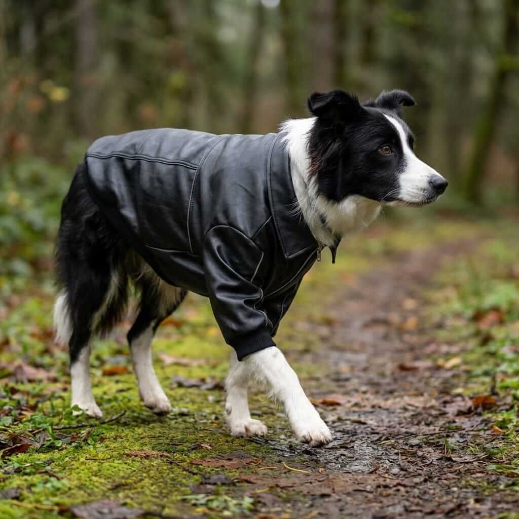 Monarch Leather Dog Jacket on a dog, featuring bold protection, wind resistance, and stylish design for outdoor adventures.