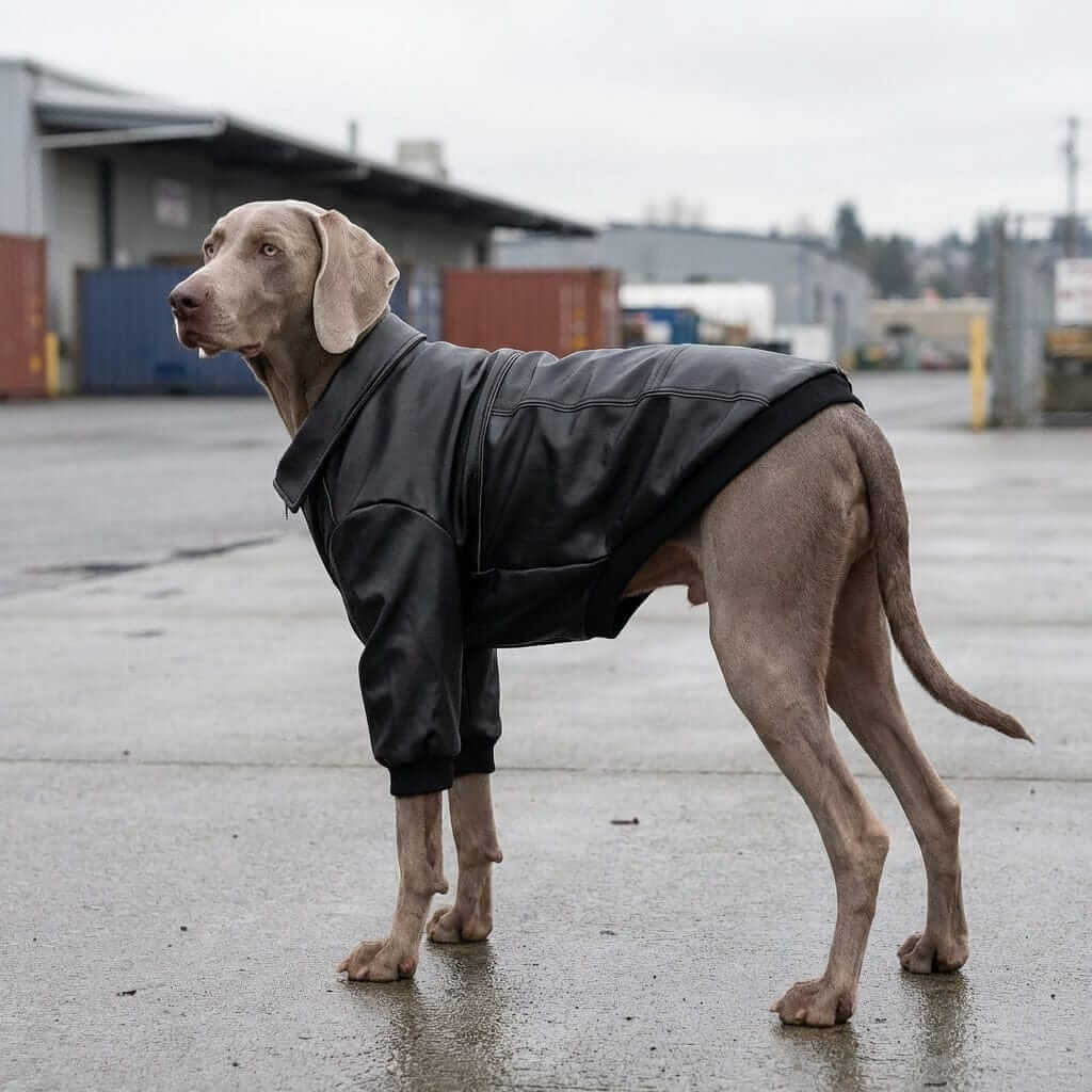 Monarch Leather Dog Jacket on a Weimaraner, showcasing bold protection and style for dogs. Dogs & Cats brand.
