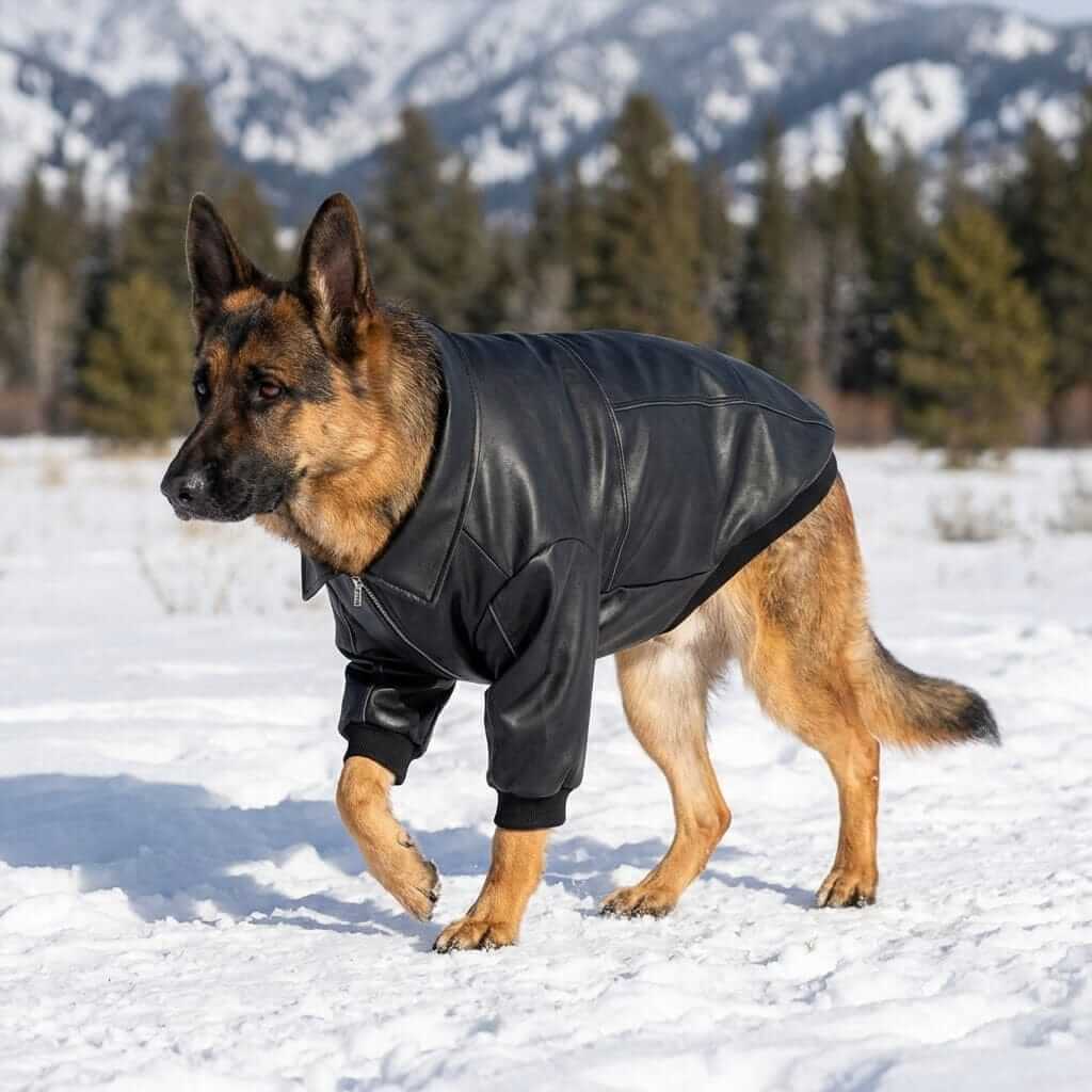 Monarch Leather Dog Jacket on a German Shepherd, featuring premium faux leather, winter style and comfort, Dogs & Cats brand.