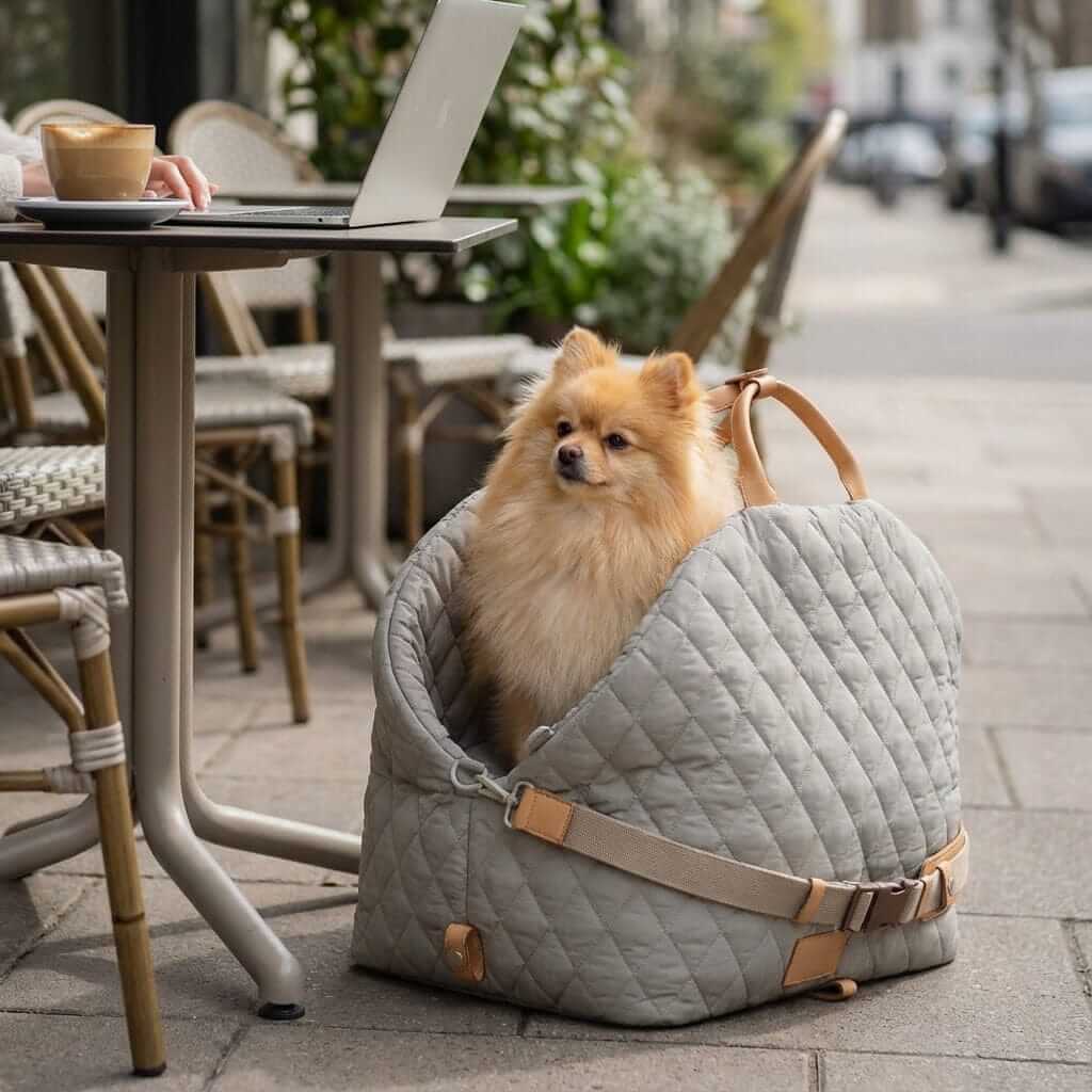 Multifunctional Pet Travel Bag with a fluffy dog comfortably seated, perfect for travel with dogs & cats.