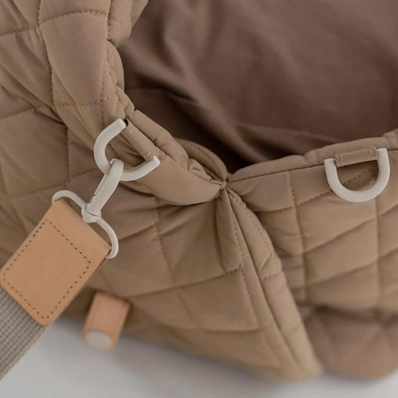 Multifunctional Pet Travel Bag close-up of features including waterproof material and secure clips for safety.